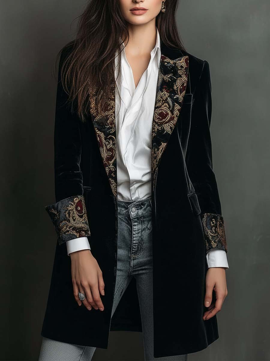 Caterina | Blazer Slim Fit con Revers e Stampa Barocca Nera