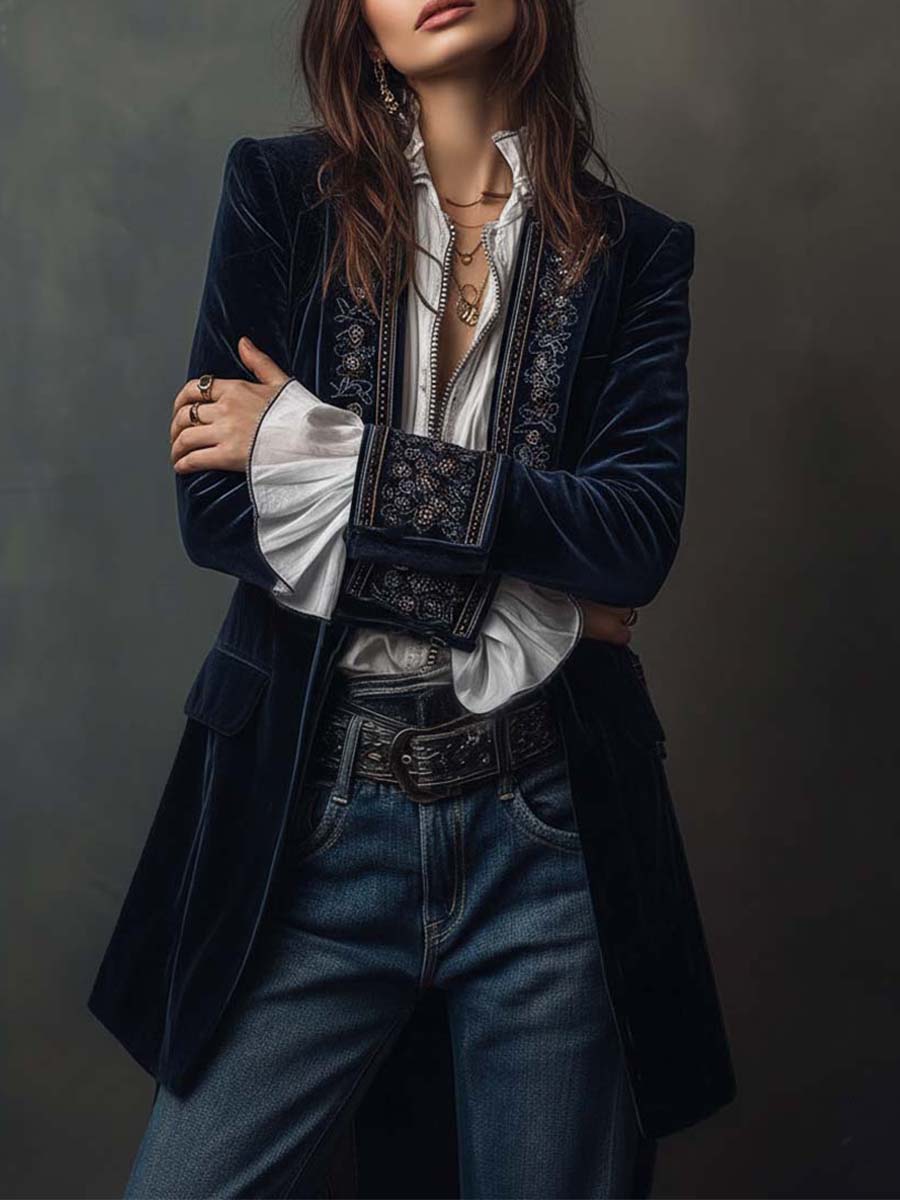 Giorgia | Giacca Lunga Vintage Ricamata Blu Navy