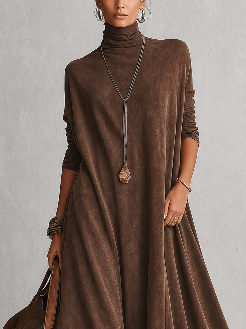 BRUNELLA | Abito Lungo Effetto Scamosciato con Orlo in Pizzo