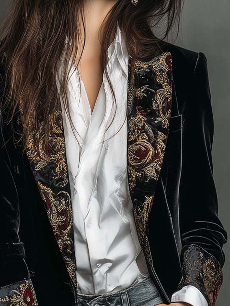 Caterina | Blazer Slim Fit con Revers e Stampa Barocca Nera