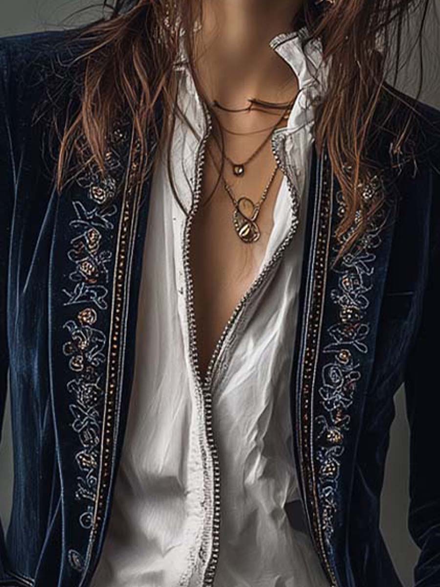 Giorgia | Giacca Lunga Vintage Ricamata Blu Navy