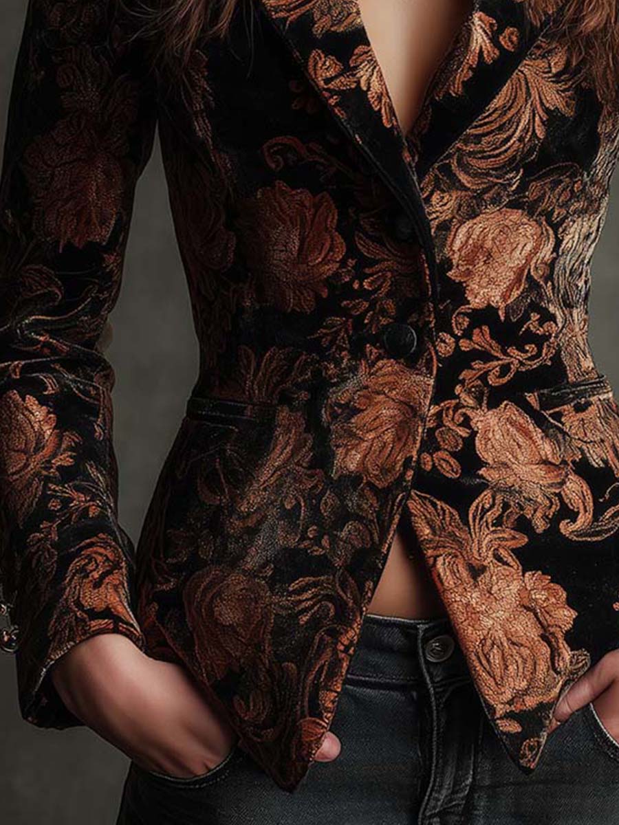 Silvia | Blazer Sartoriale con Stampa Floreale Nera e Bronzo