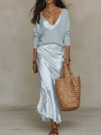 Michela | Elegante Set di Maglione a Maglia e Gonna Midi in Raso Blu