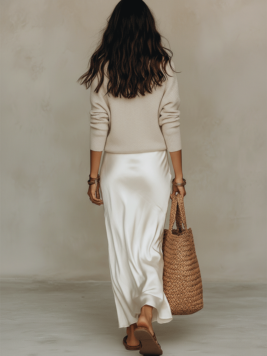 Fiamma | Completo Elegante di Maglione a Maglia e Gonna Midi in Satin Grigio