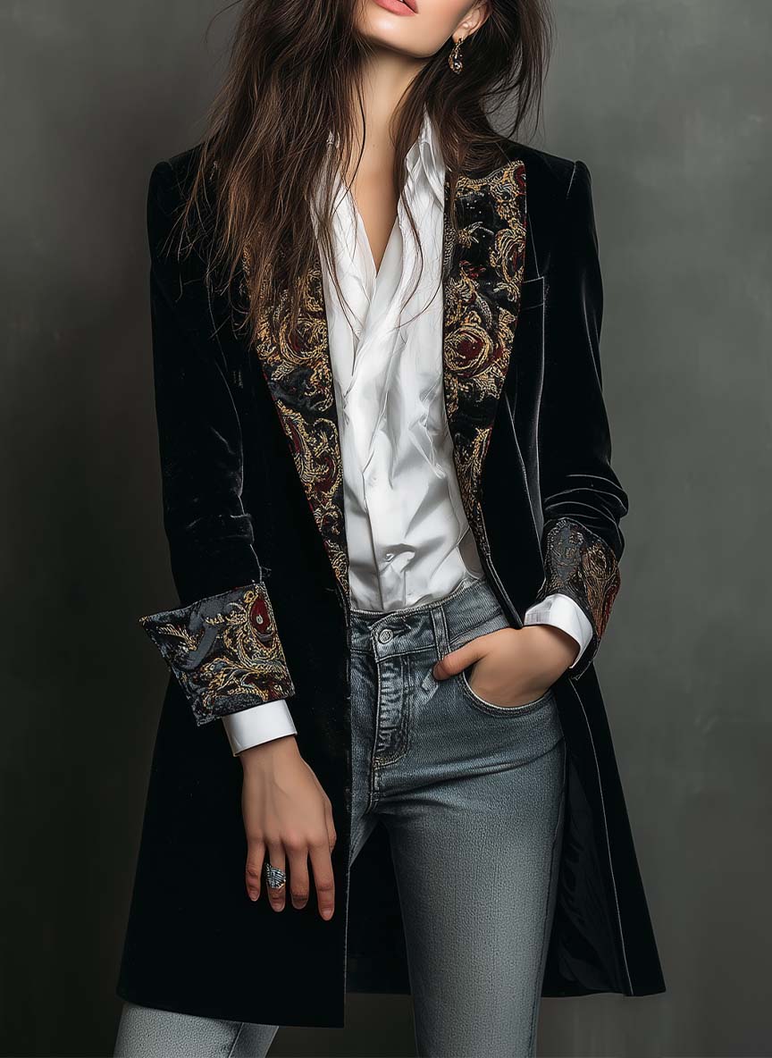 Caterina | Blazer Slim Fit con Revers e Stampa Barocca Nera