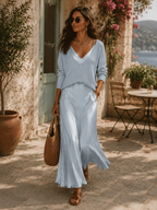 Michela | Elegante Set di Maglione a Maglia e Gonna Midi in Raso Blu