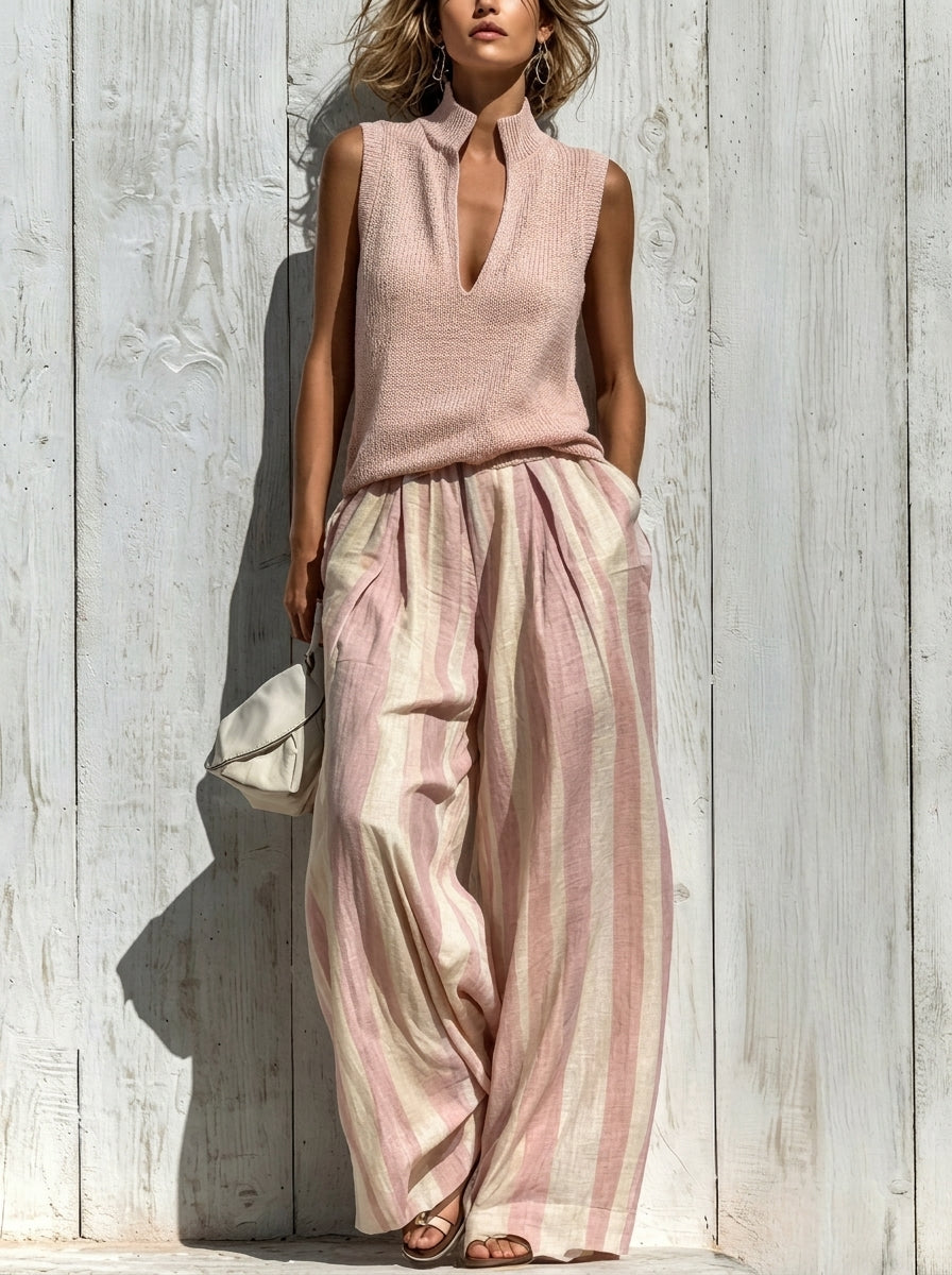 Giada | Completo Elegante in Tessuto Fluido: Top e Pantaloni Palazzo a Righe