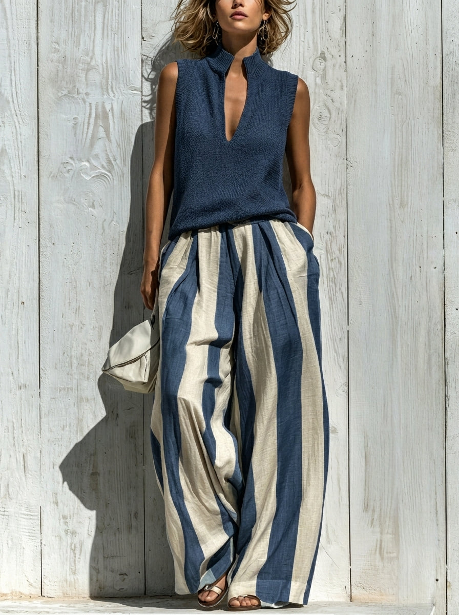 Giada | Completo Elegante in Tessuto Fluido: Top e Pantaloni Palazzo a Righe