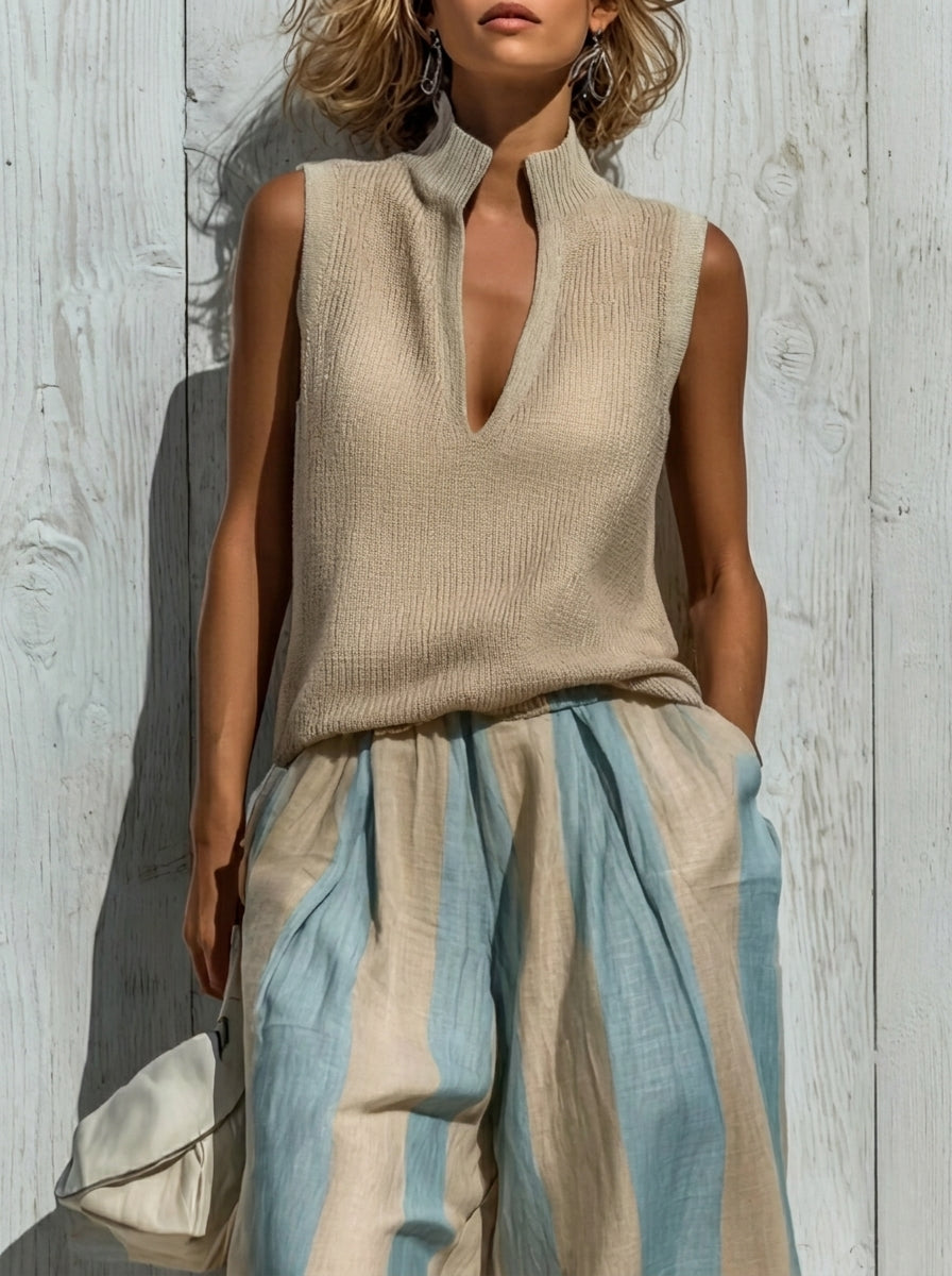 Giada | Completo Elegante in Tessuto Fluido: Top e Pantaloni Palazzo a Righe