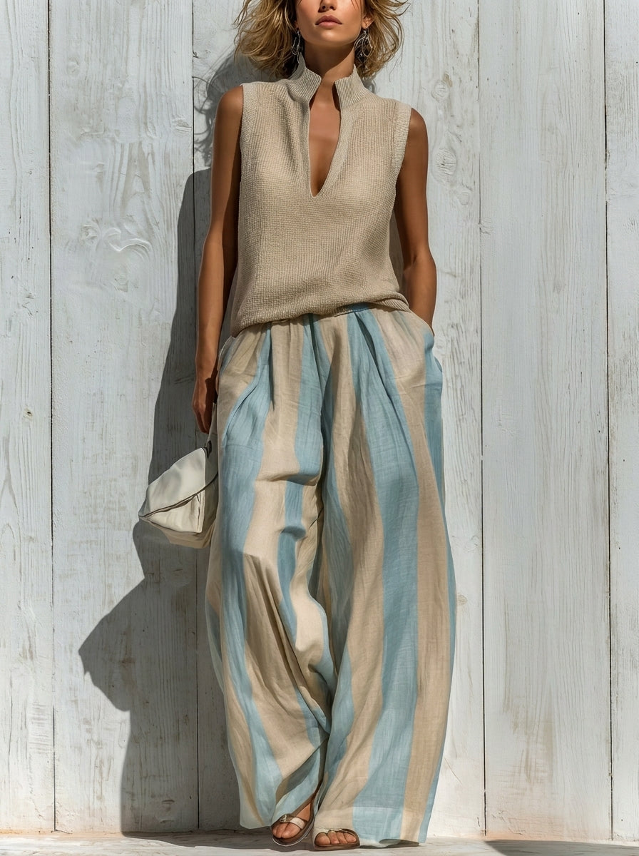 Giada | Completo Elegante in Tessuto Fluido: Top e Pantaloni Palazzo a Righe