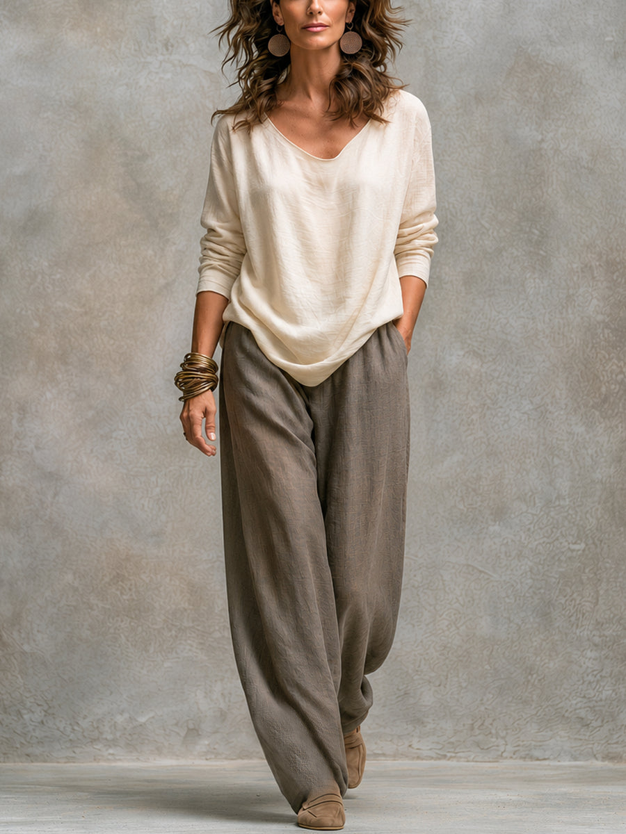 Ottavia | Completo Elegante a Tre Pezzi Beige Grigio con Pantaloni a Gamba Larga