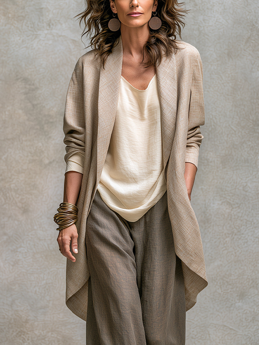 Ottavia | Completo Elegante a Tre Pezzi Beige Grigio con Pantaloni a Gamba Larga