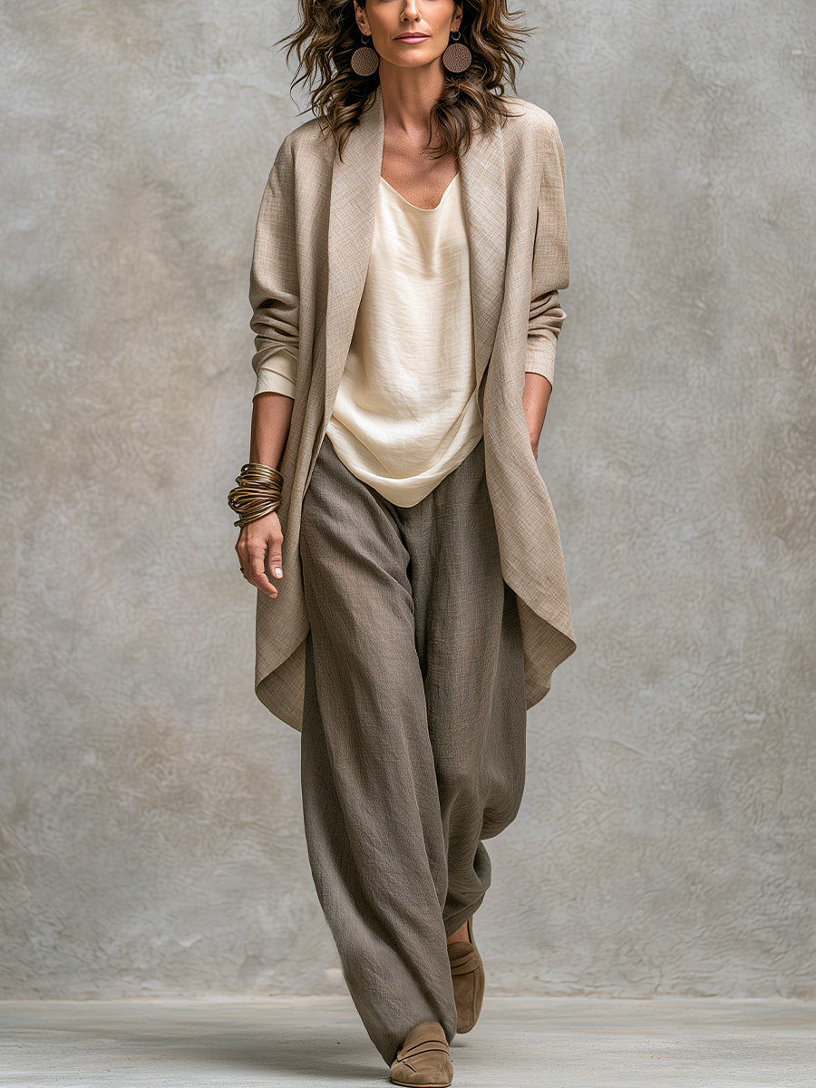 Ottavia | Completo Elegante a Tre Pezzi Beige Grigio con Pantaloni a Gamba Larga