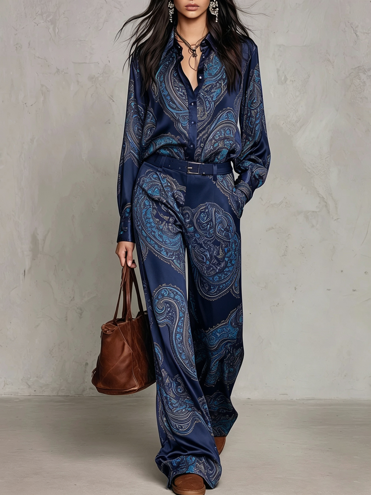 Gaia | Camicia di seta a manica lunga con stampa paisley bordeaux e pantaloni a gamba larga