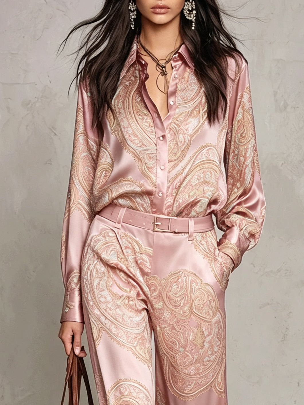 Rebecca | Set di Camicia a Maniche Lunghe in Satin con Stampa Paisley Rosa e Pantaloni a Gamba Larga (con cintura)
