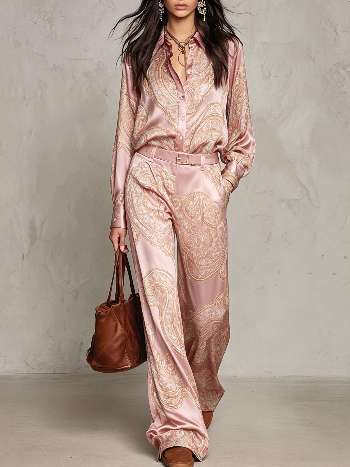 Rebecca | Set di Camicia a Maniche Lunghe in Satin con Stampa Paisley Rosa e Pantaloni a Gamba Larga (con cintura)