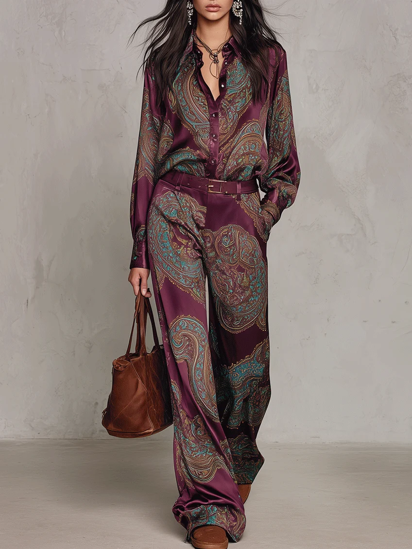 Gaia | Camicia di seta a manica lunga con stampa paisley bordeaux e pantaloni a gamba larga