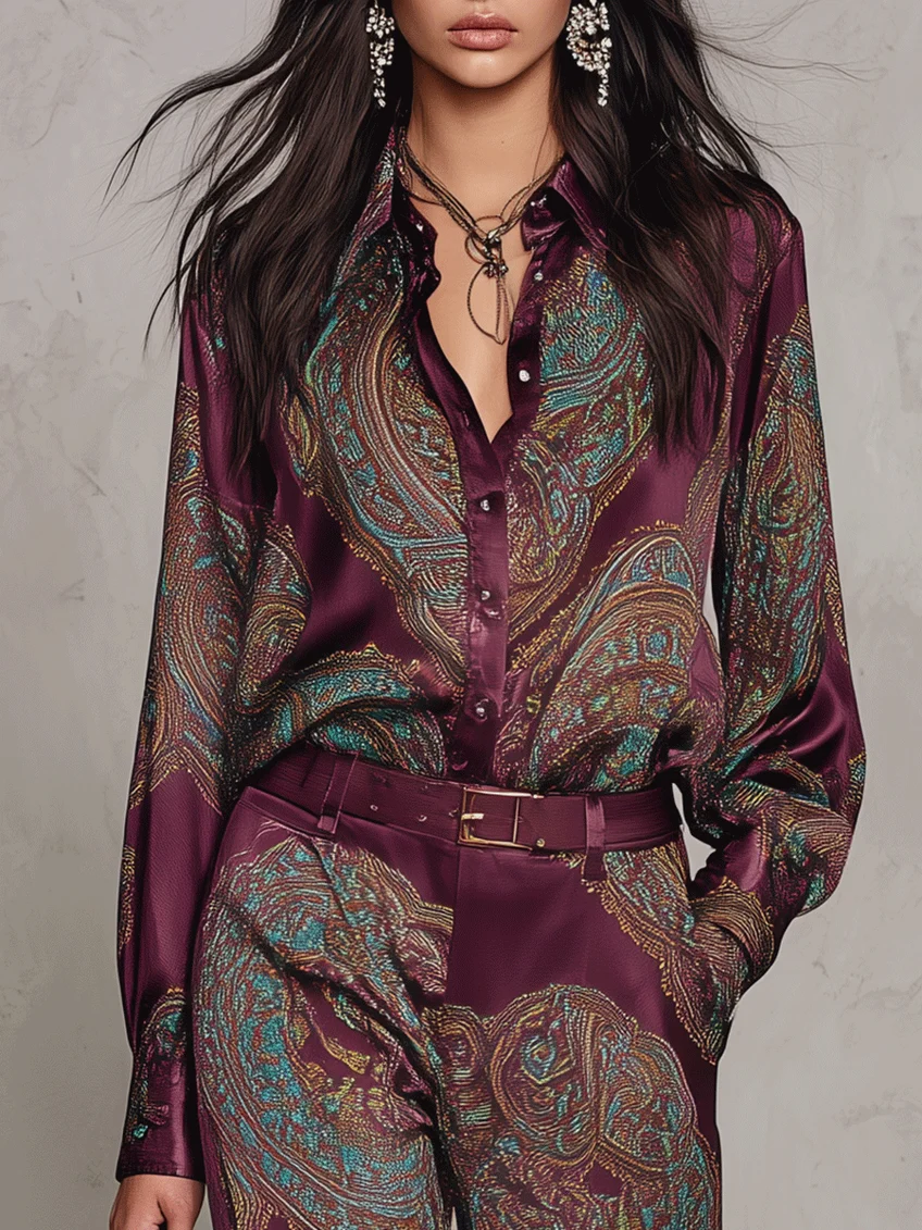 Gaia | Camicia di seta a manica lunga con stampa paisley bordeaux e pantaloni a gamba larga