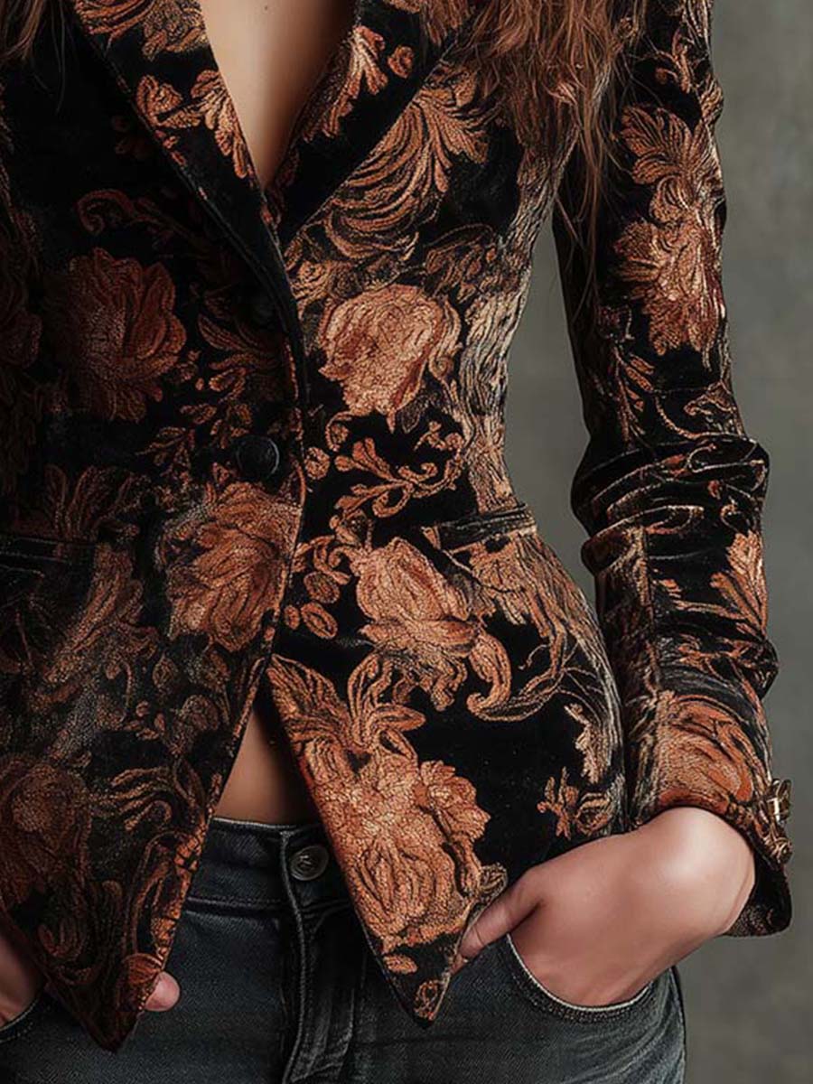 Silvia | Blazer Sartoriale con Stampa Floreale Nera e Bronzo