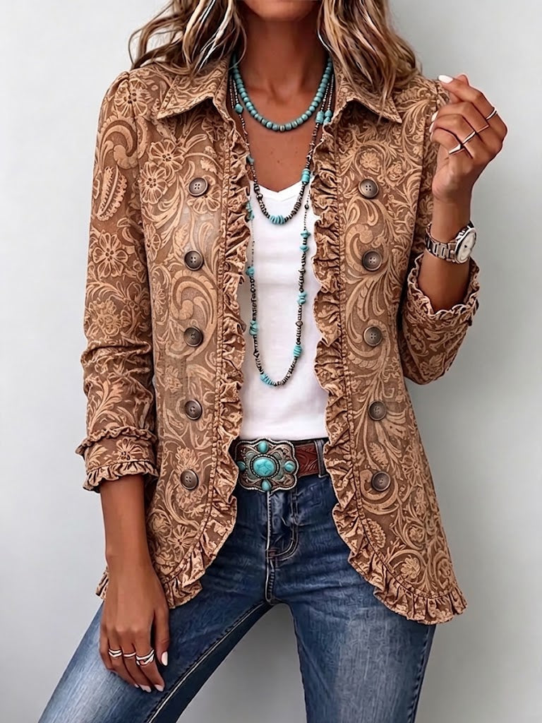 Clelia | Giacca Bohémien Fiorita Vintage Marrone con Rouches