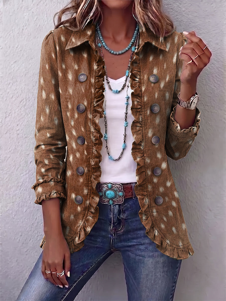 Delia | Giacca Bohémien Stampa Animalier Marrone con Rouches