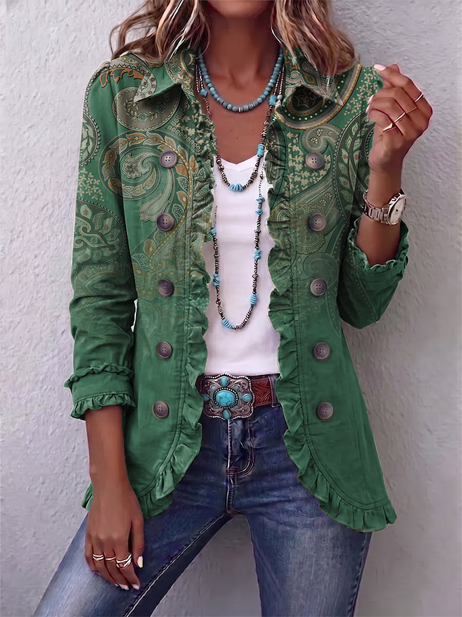 Elvira | Giacca Bohémien Paisley Verde con Rouches