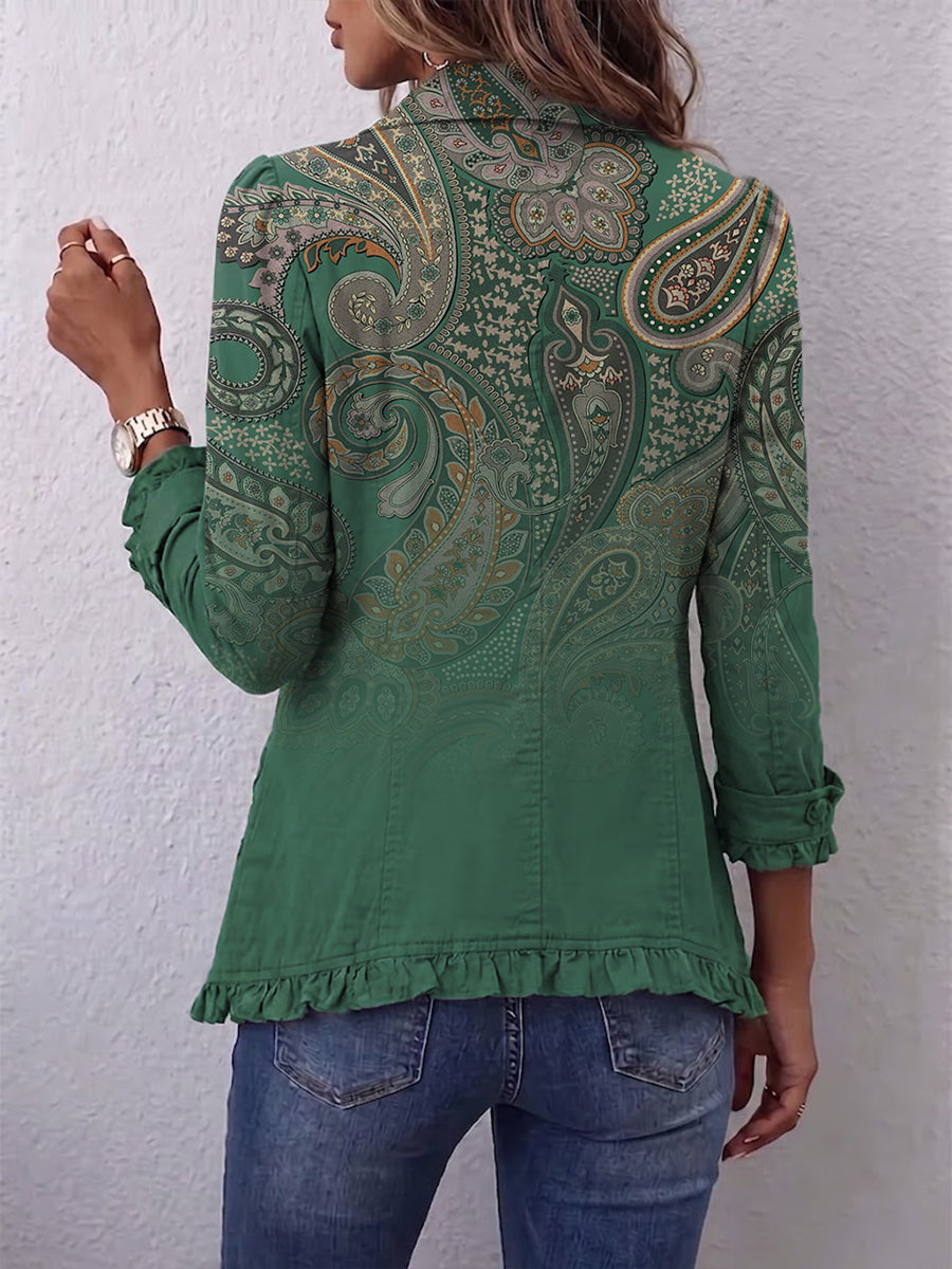 Elvira | Giacca Bohémien Paisley Verde con Rouches