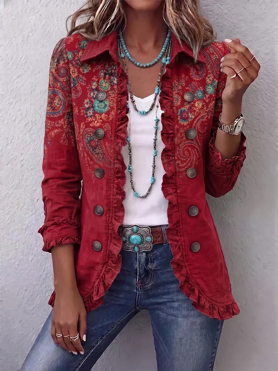 Antonella | Giacca Bohémien Paisley Rossa con Rouches
