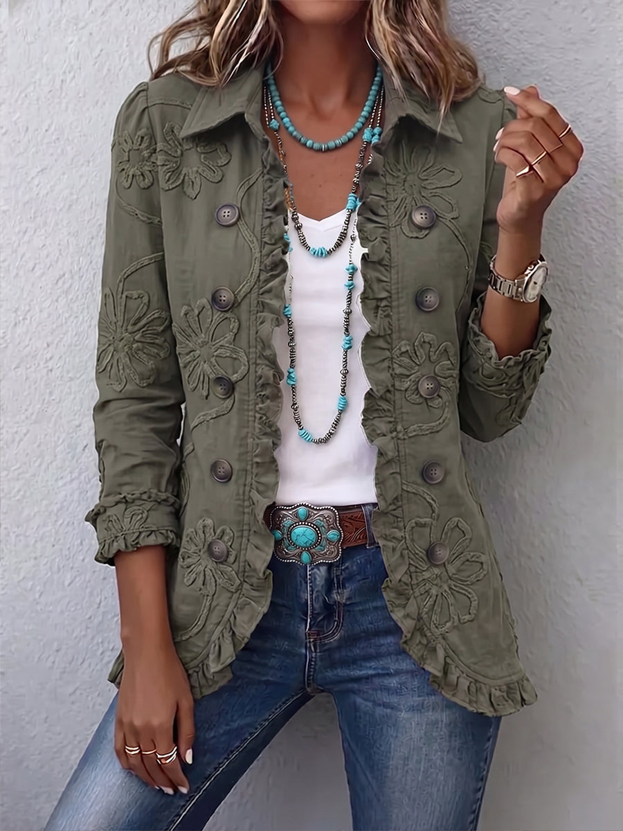 Agnese | Giacca Bohémien-Chic Ricamata a Fiori Verde Retrò con Rouches