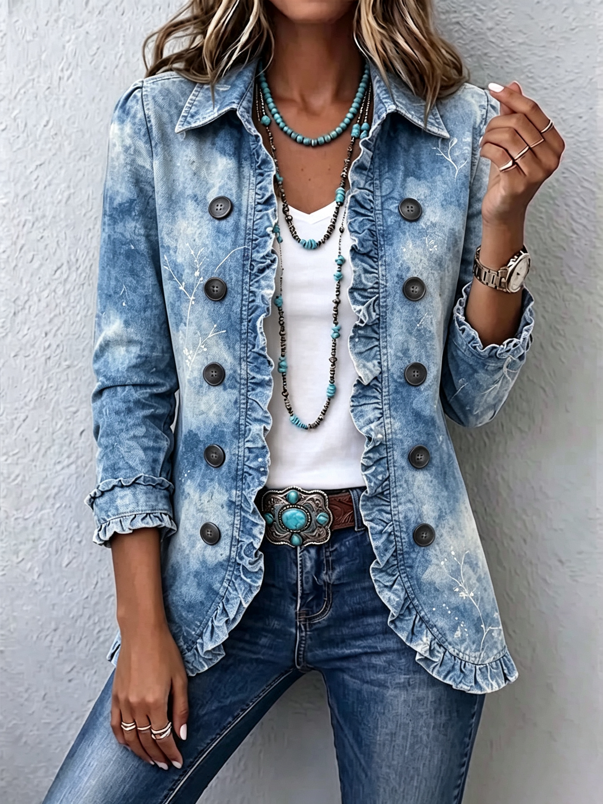 Donatella | Giacca Bohémien Botanica Vintage Sfumata Blu con Rouches