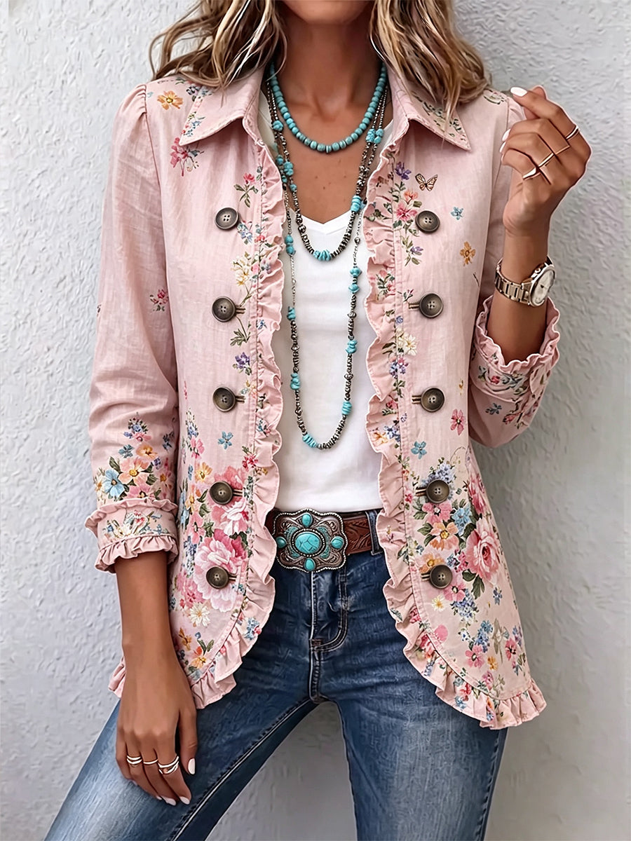 Anita | Giacca Fiorita Rosa con Rouches e Bottoni