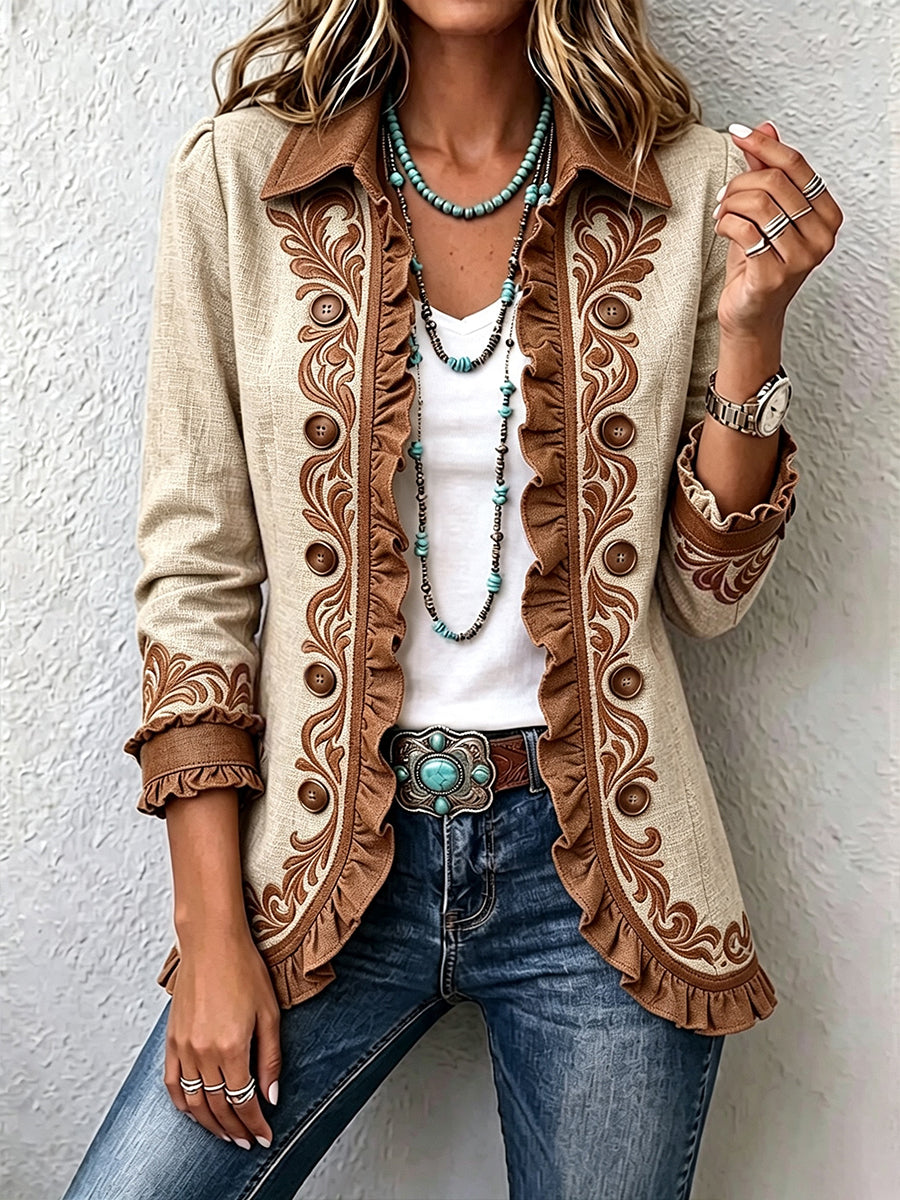 Fabiola | Giacca Bohémien Fiorita Vintage Cammello e Marrone con Rouches