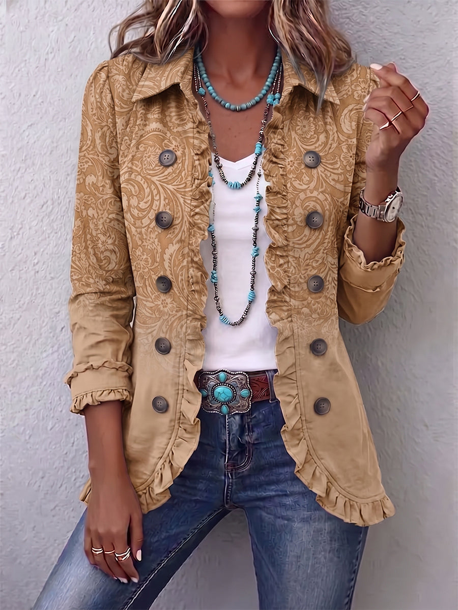 Ida | Giacca Western Stampata Kaki con Rouches